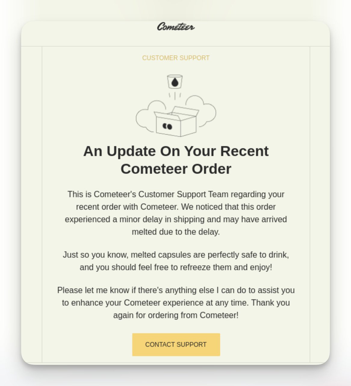 cometeer shipping update email example for post purchase experience