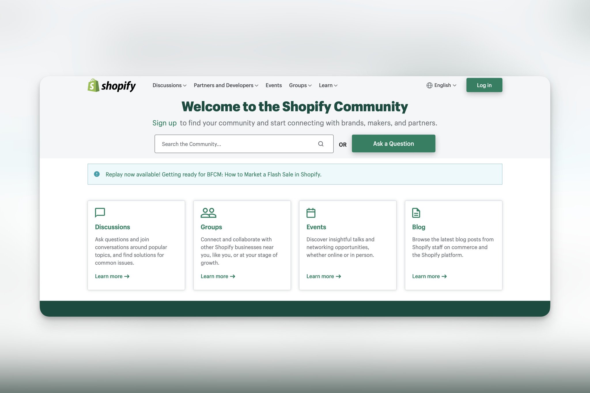 Shopify Community page with the "Welcome to the Shopify Community" headline followed with a search bar and "Discussions", "Groups", "Events" and "Blog" sections