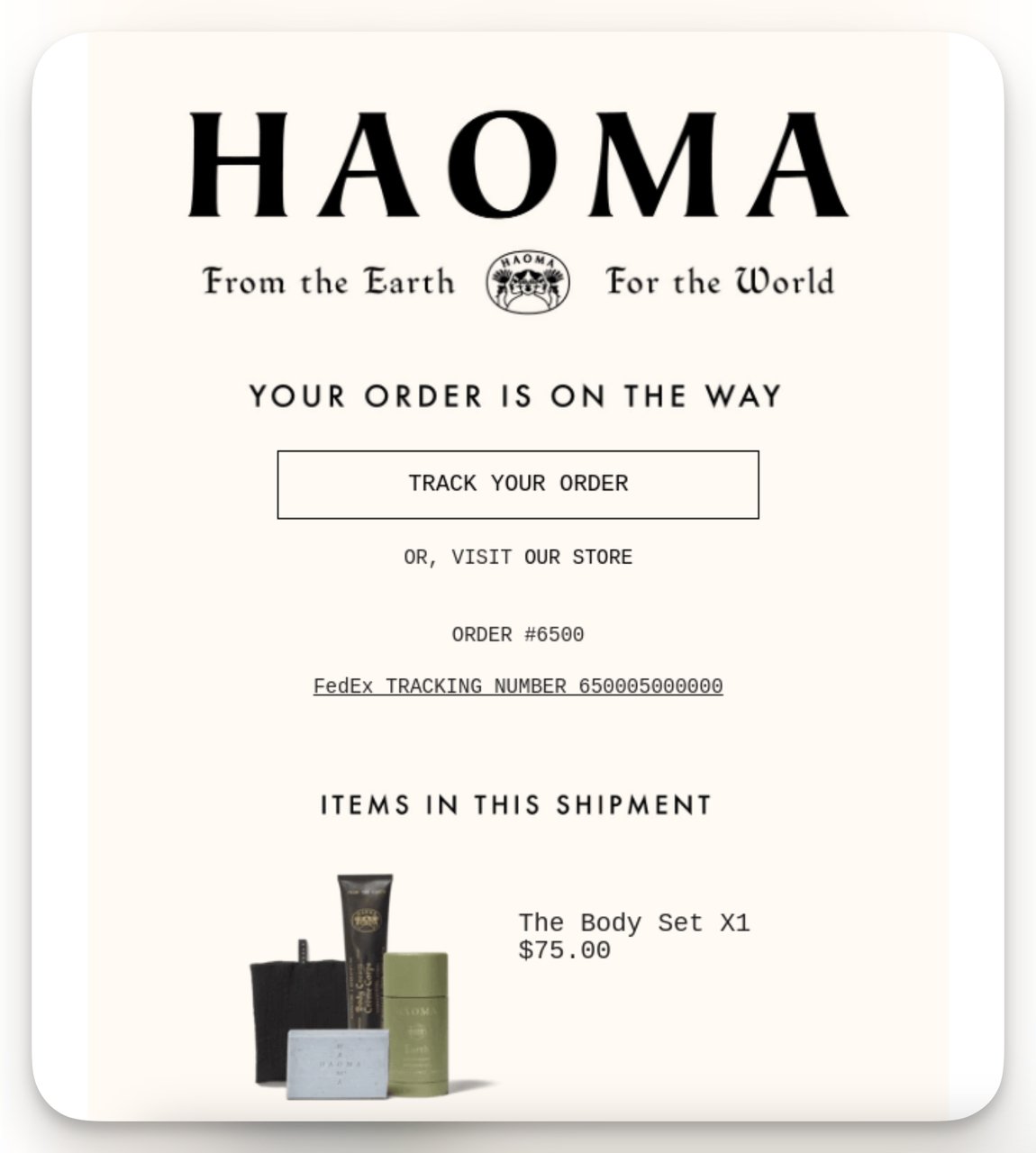 haoma order tracking email example for post purchase experience