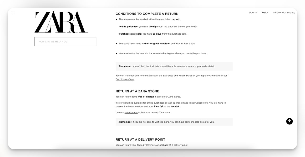 zara return policy page for post purchase experience