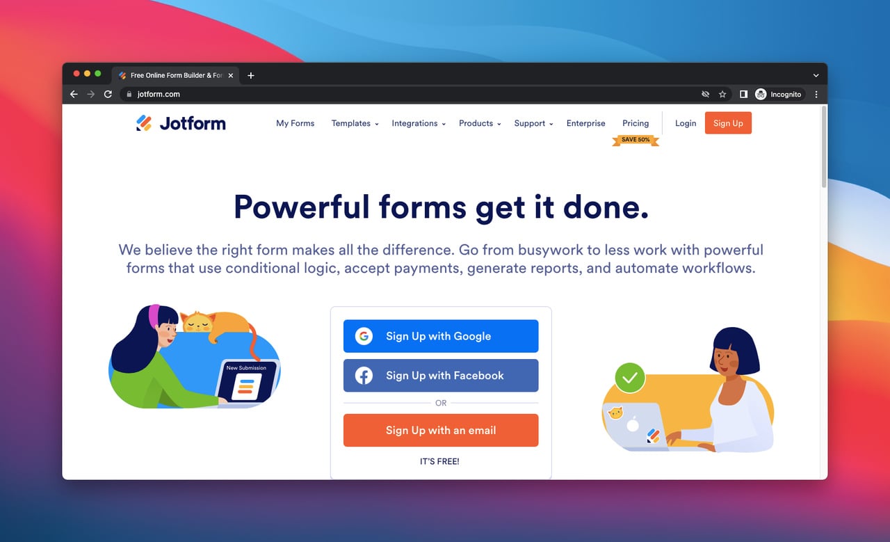 screenshot of the homepage of Jotform, which is a form builder