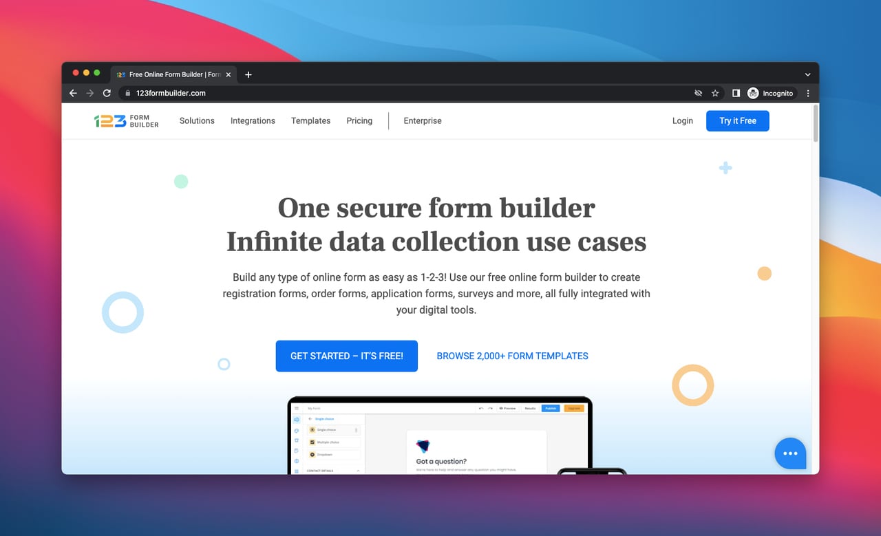 screenshot of the homepage of 123 Form Builder, which is a form software