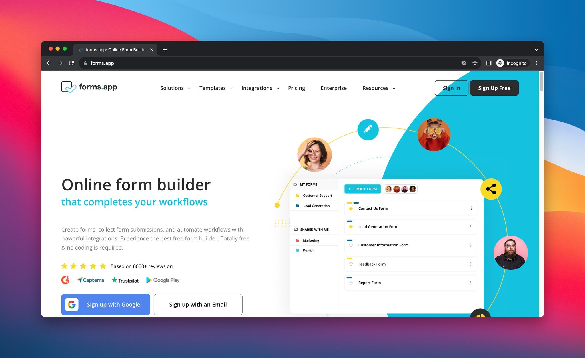 homepage screenshot of forms.app that is one of the best form builder tools