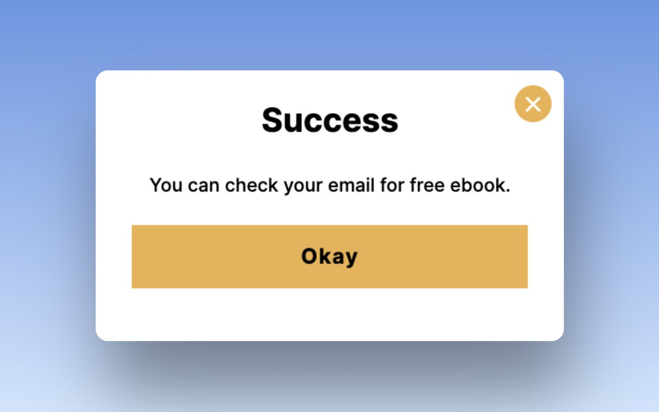 a Free ebook download popup second step example that says "Success, You can check your email for free ebook."