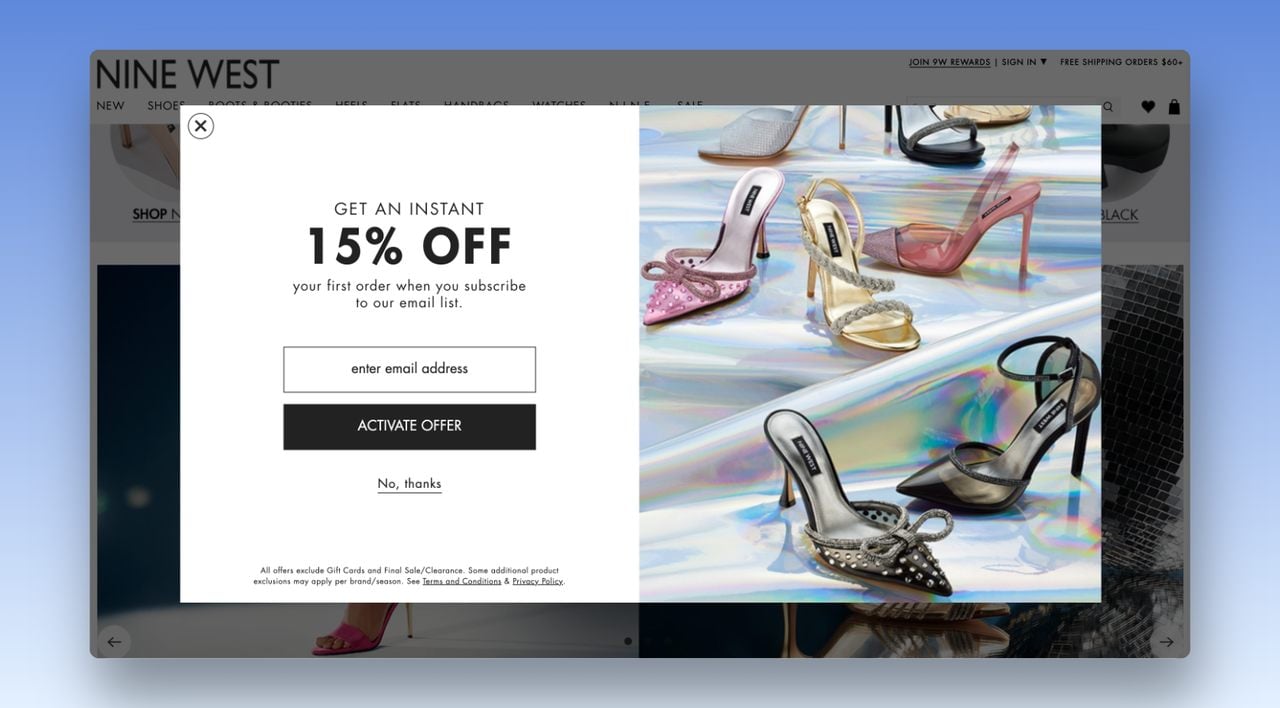 a Full screen Nine West popup example asking for users emails address in return for 15% discount