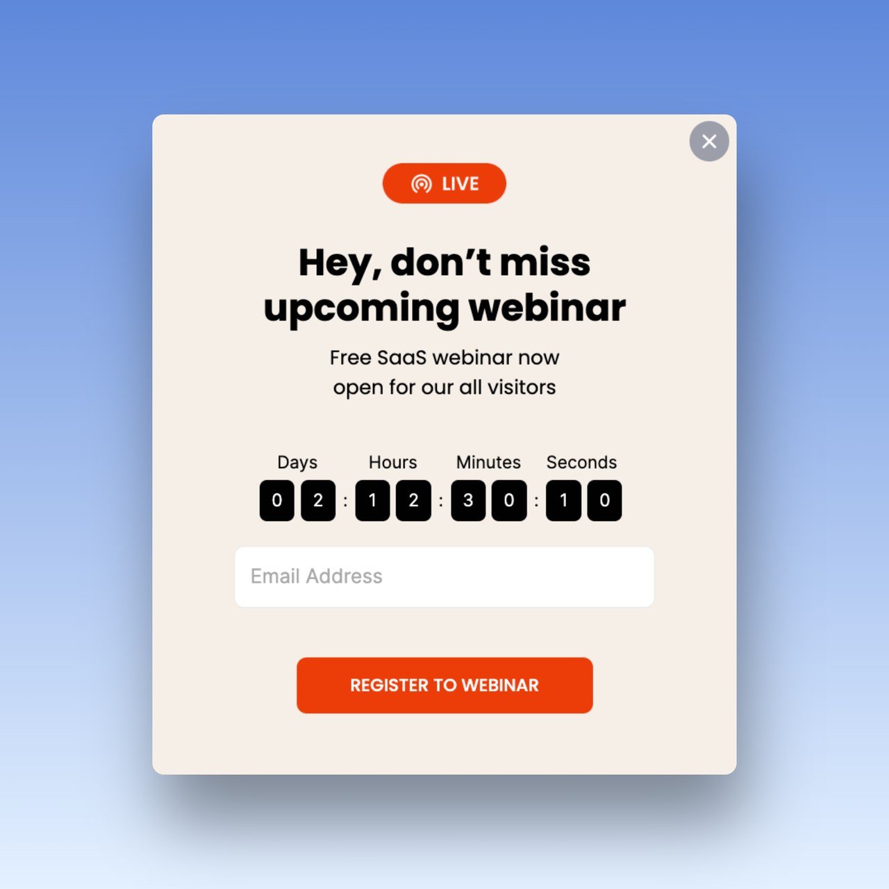 a Webinar popup example with a title that says "Hey, don't miss upcoming webinar" and a countdown timer that is counting until the day of the webinar