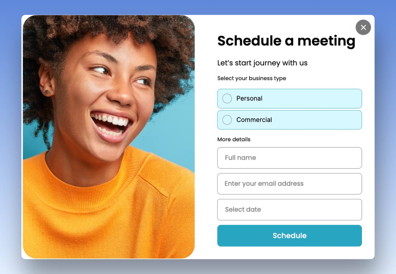 schedule a meeting popup example with a picture of a girl laughing on the left side