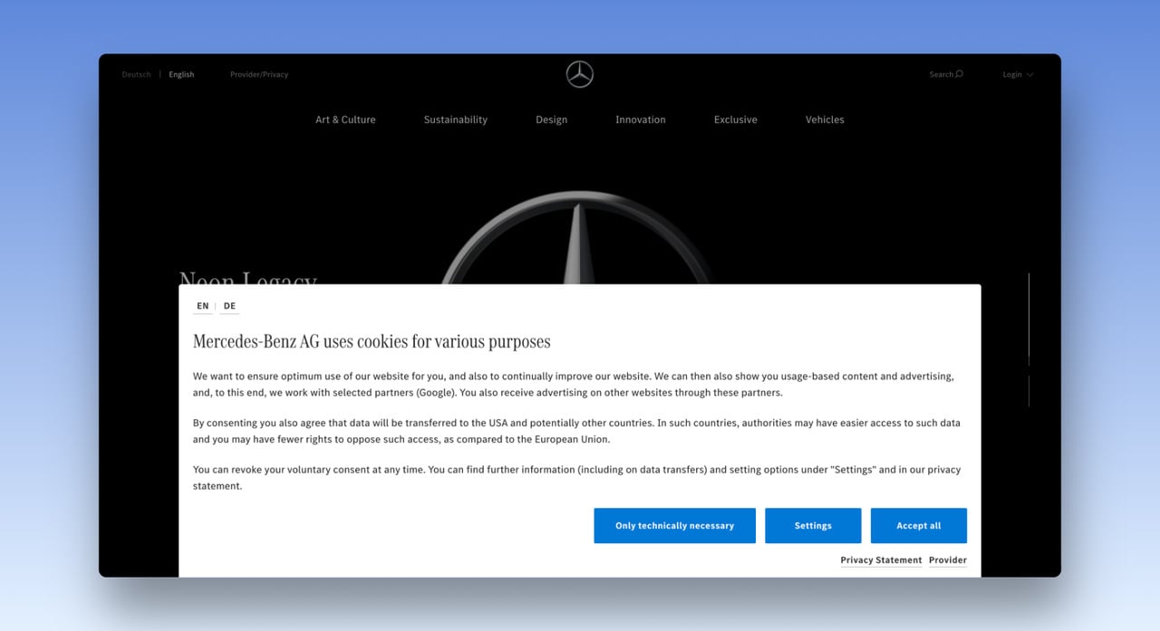 an screenshot of Mercedes's homepage showcasing a cookie consent popup