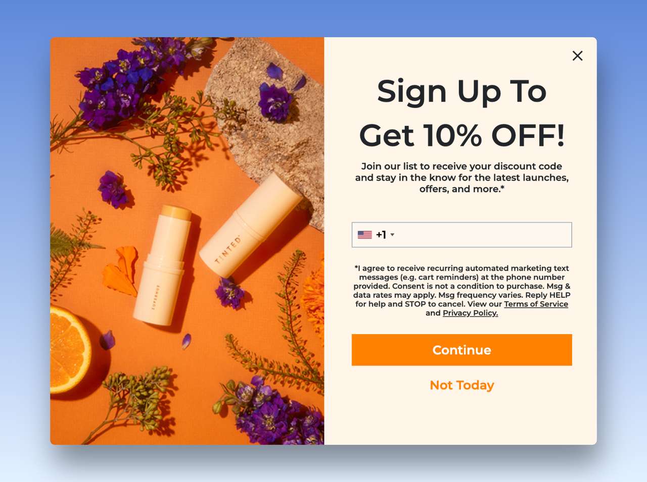 a SMS popup example form Livetinted brand offering 10% off in return for users phone number with the picture of the brands product on the right side