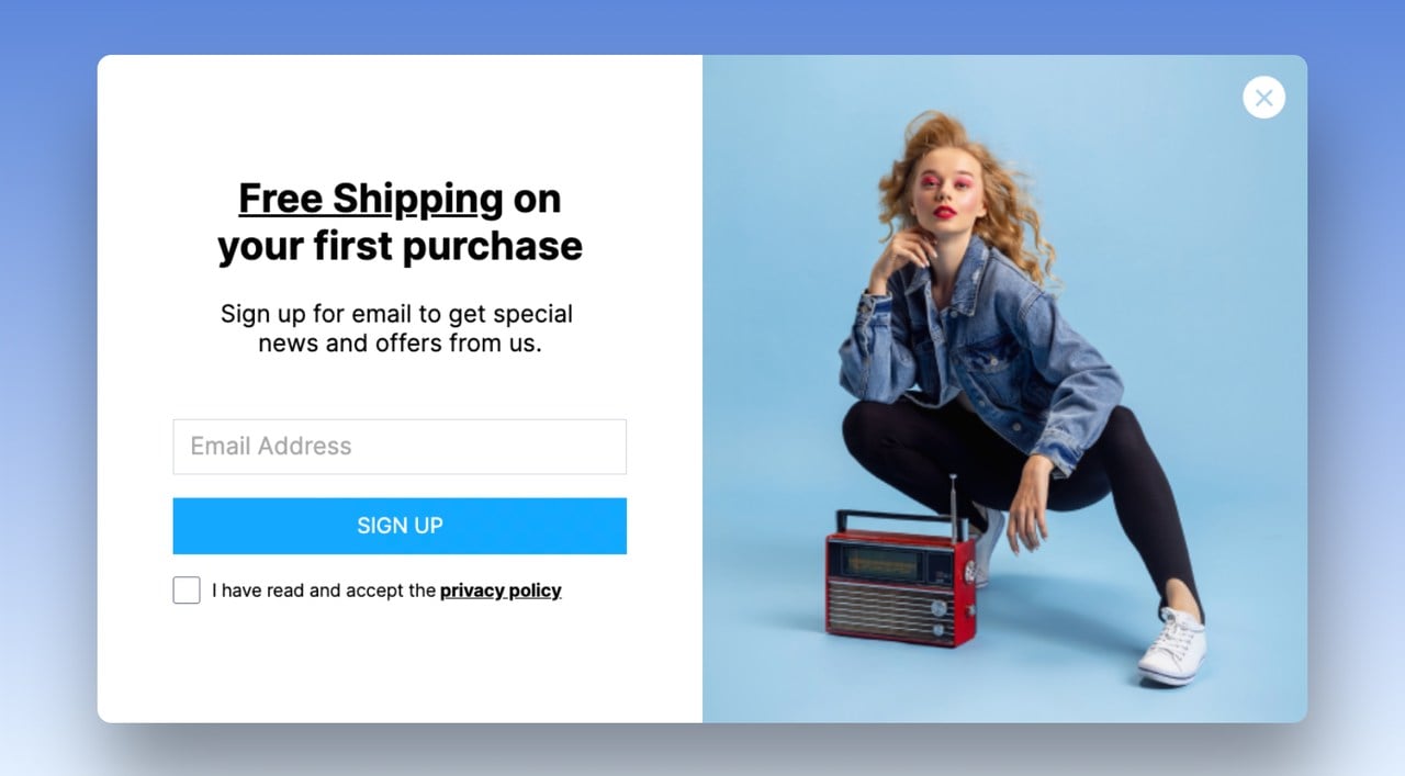 a Free shipping popup example that asks for users email address with a picture of a girl sitting on her leg looking at the camera on the right side