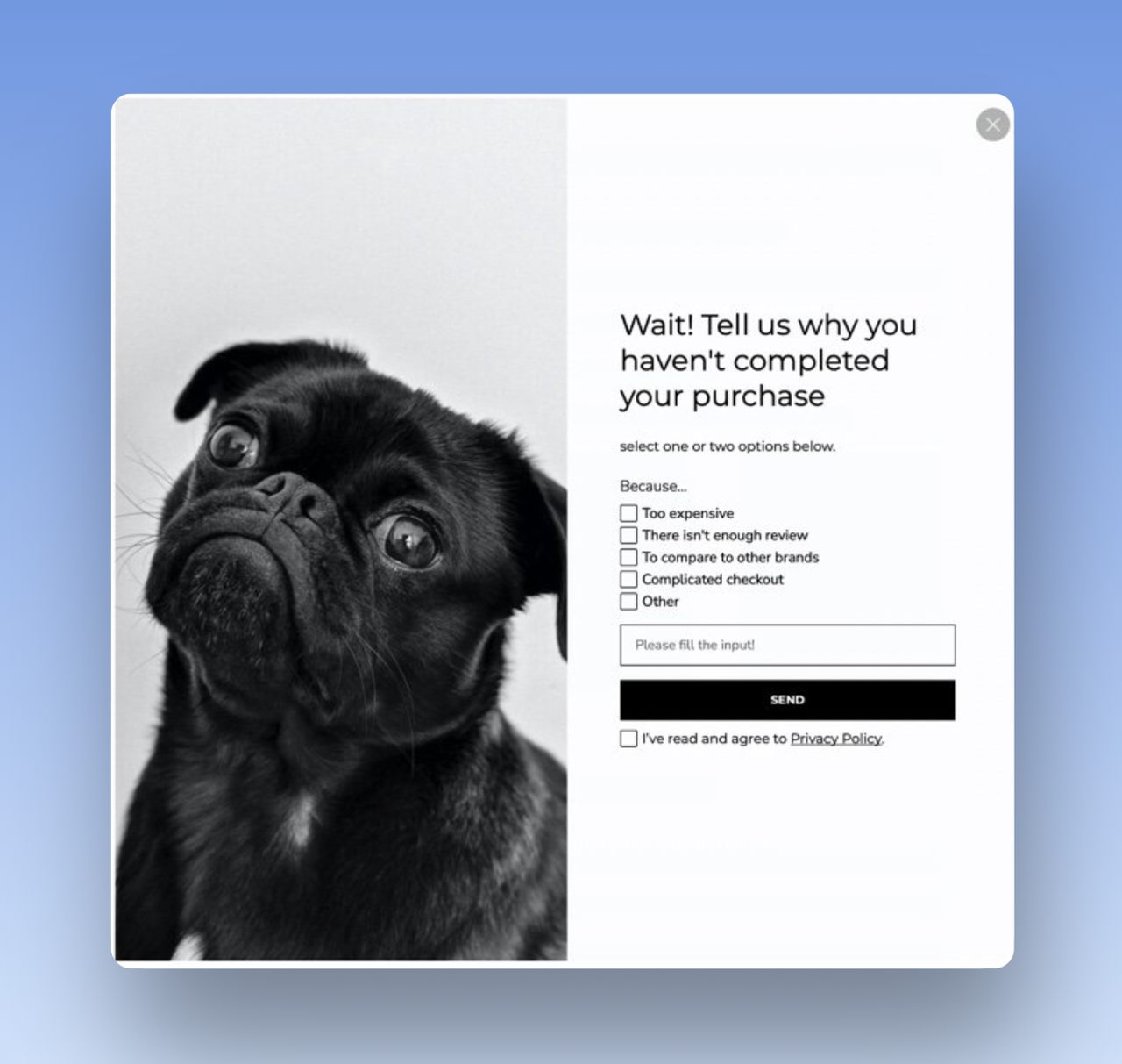  a cart abandonment popup with a picture of a sad puppy and a text that says "Wait! Tell us why you haven't completed your purchase"