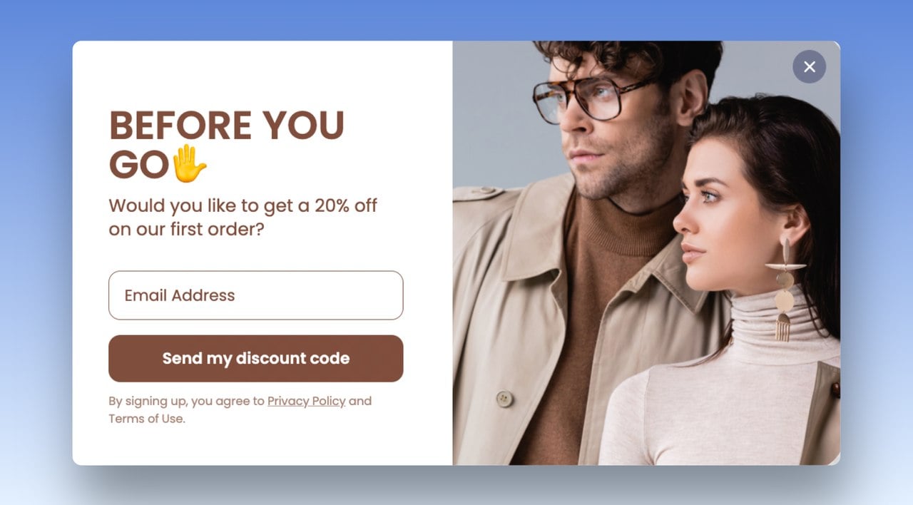 a cart abandonment popup example that says "Before You Go, Would you like to get a 20% off on our first order?" with a picture of a boy and girl on the right side