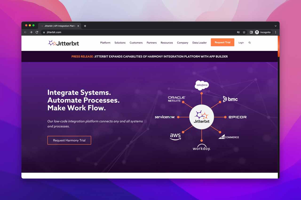 Jitterbit website screenshot with dark purple background as one of the best integration software tooll