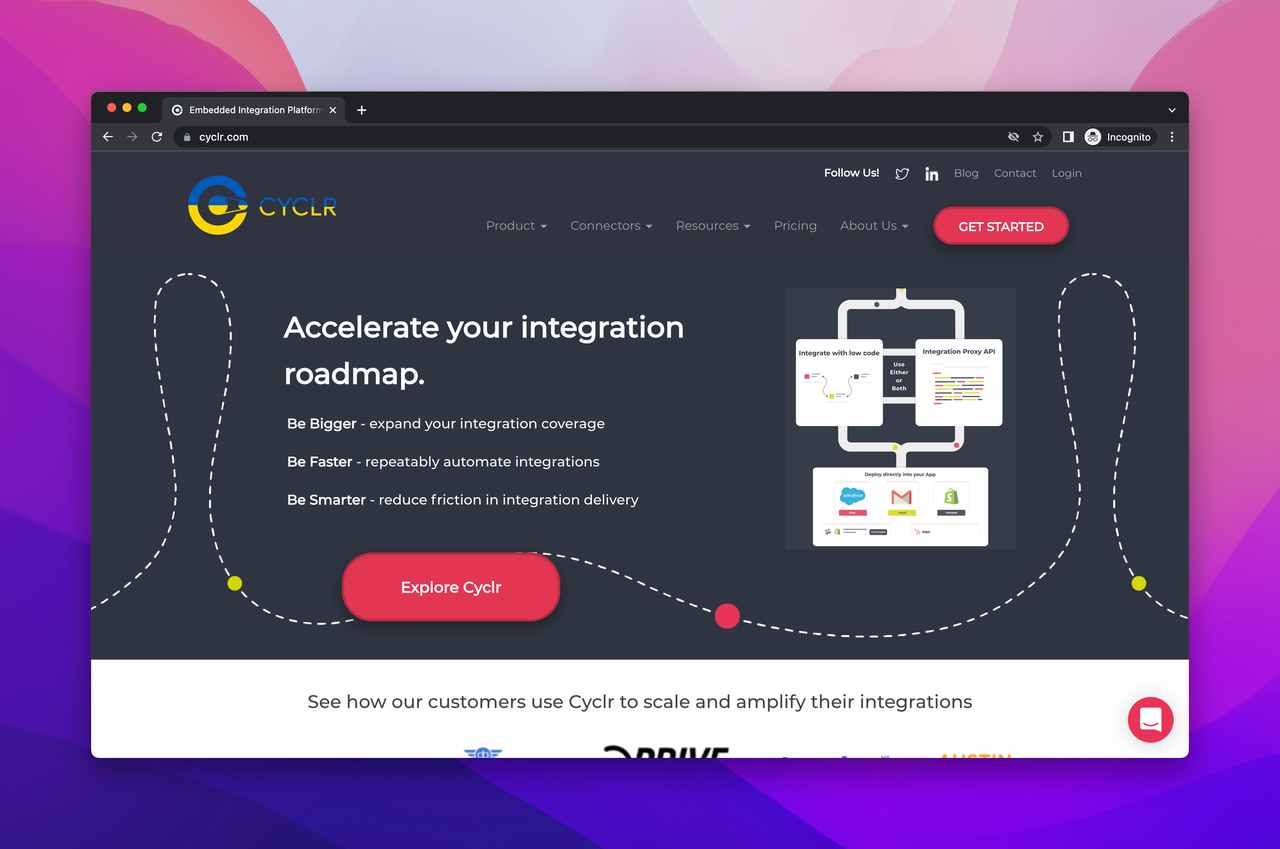 Cyclr website screenshot with dark background and red buttons representing the brand as one of the best integration software tool