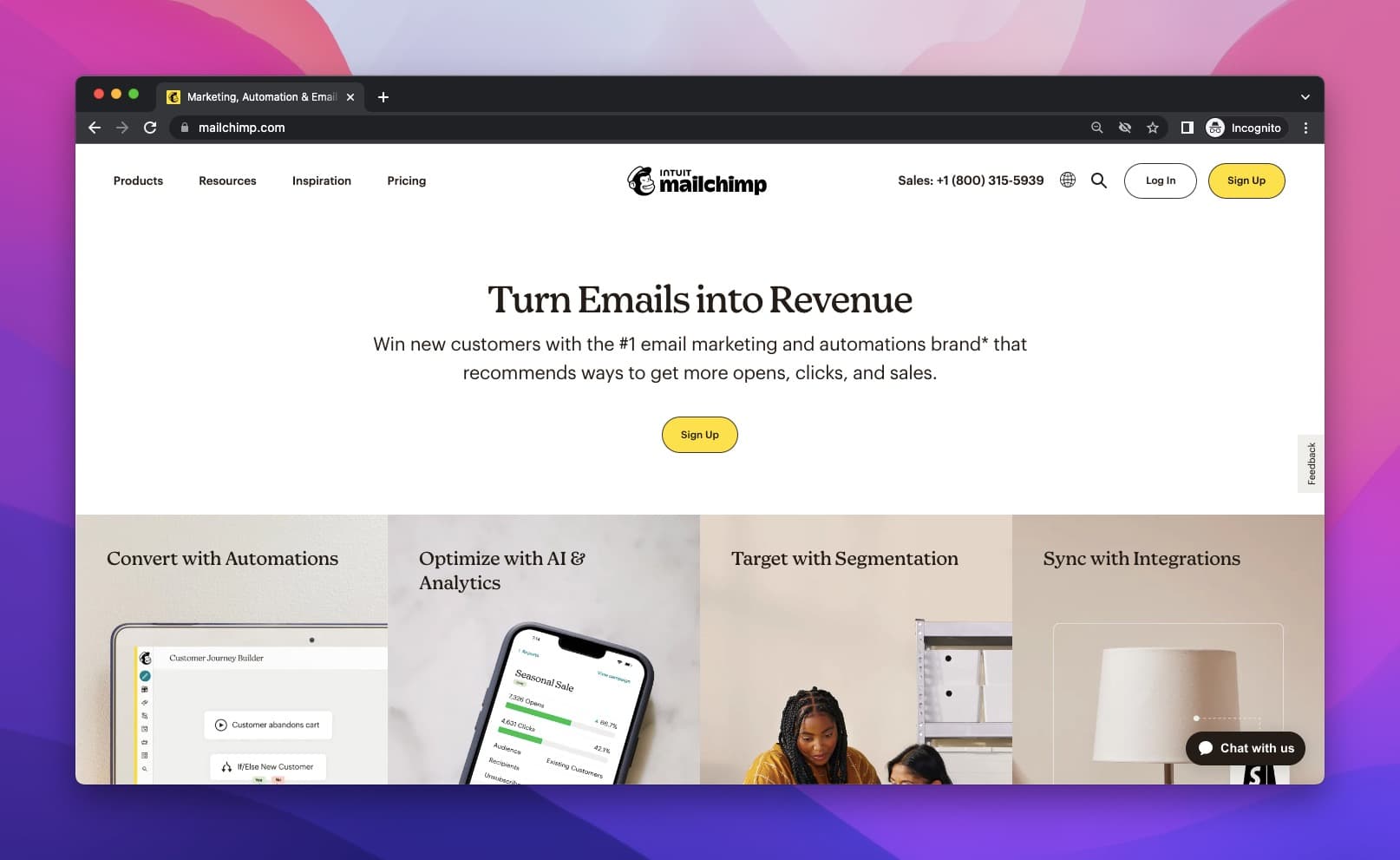 Mailchimp's home page with illustrations and instructions and a tagline that says "Turn Emails into Revenue"