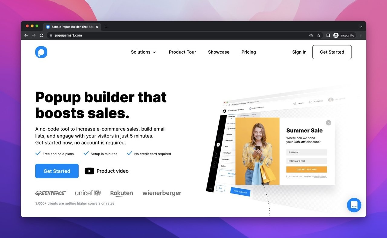 Popupsmart lead generation tool homepage with a tagline that says "Popup builder that boosts sales."