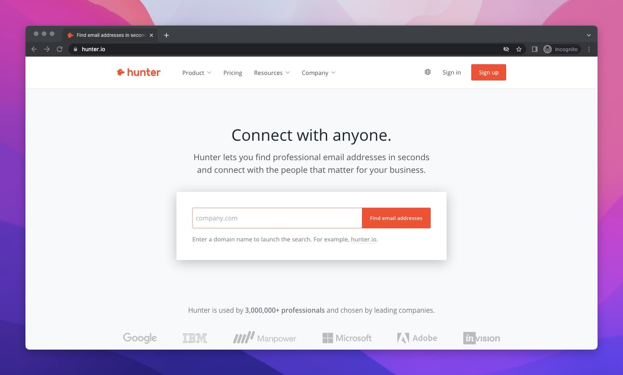 the homepage of Hunter which is a lead finder tool