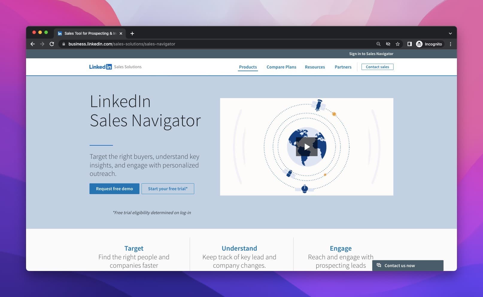 LinkedIn sales navigator homepage with a video embeded on the right side