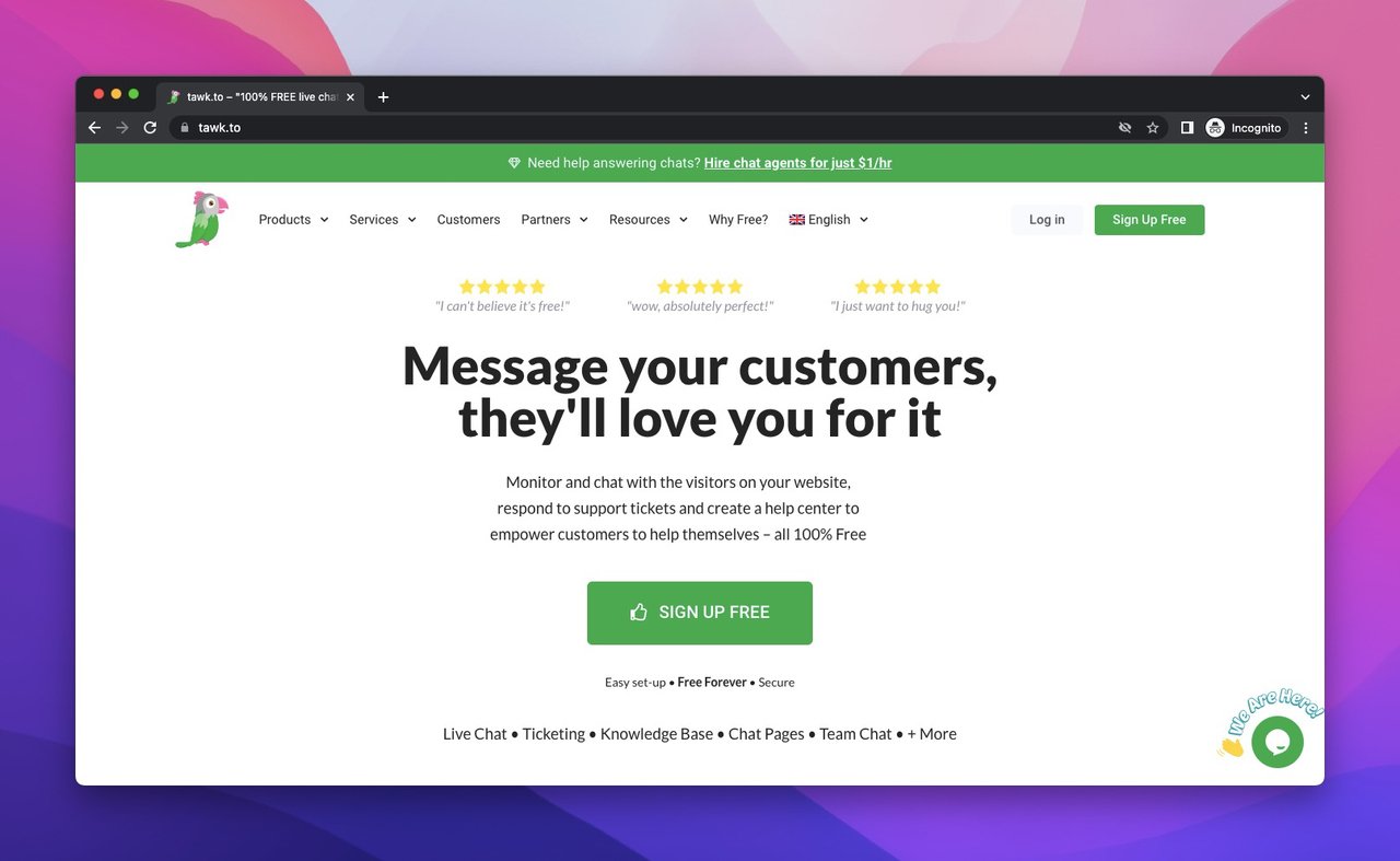 the homepage of Tawk.to which is a messaging software