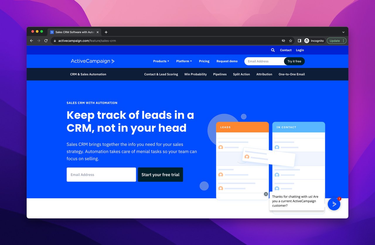 The landing page of ActiveCampaign's CRM feature