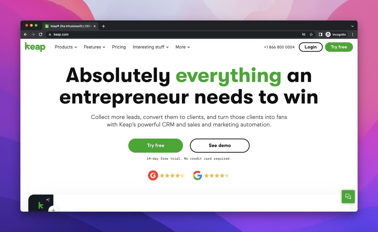 the homepage of Keap which is a lead generation tool with a tagline that says "Absolutely everything an entrepreneur needs to win"