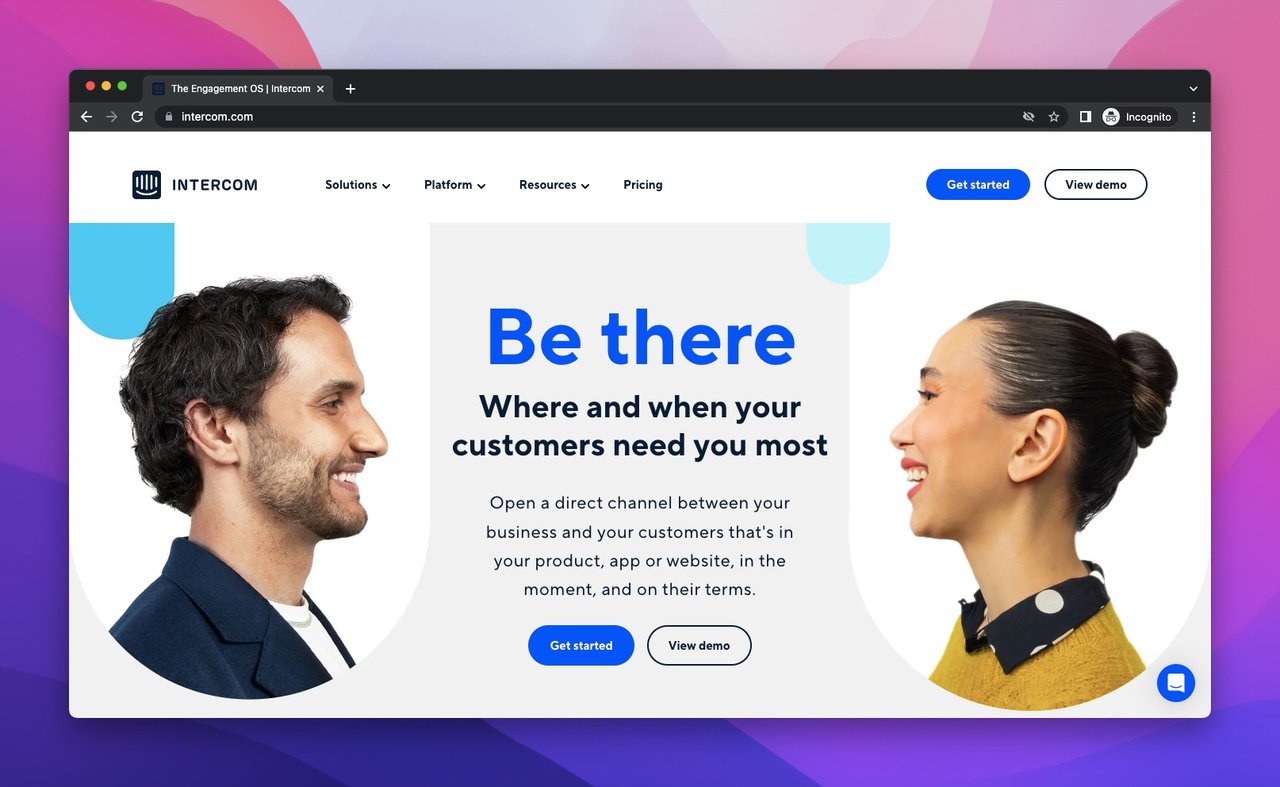 the homepage of Intercom which is a lead generation tool