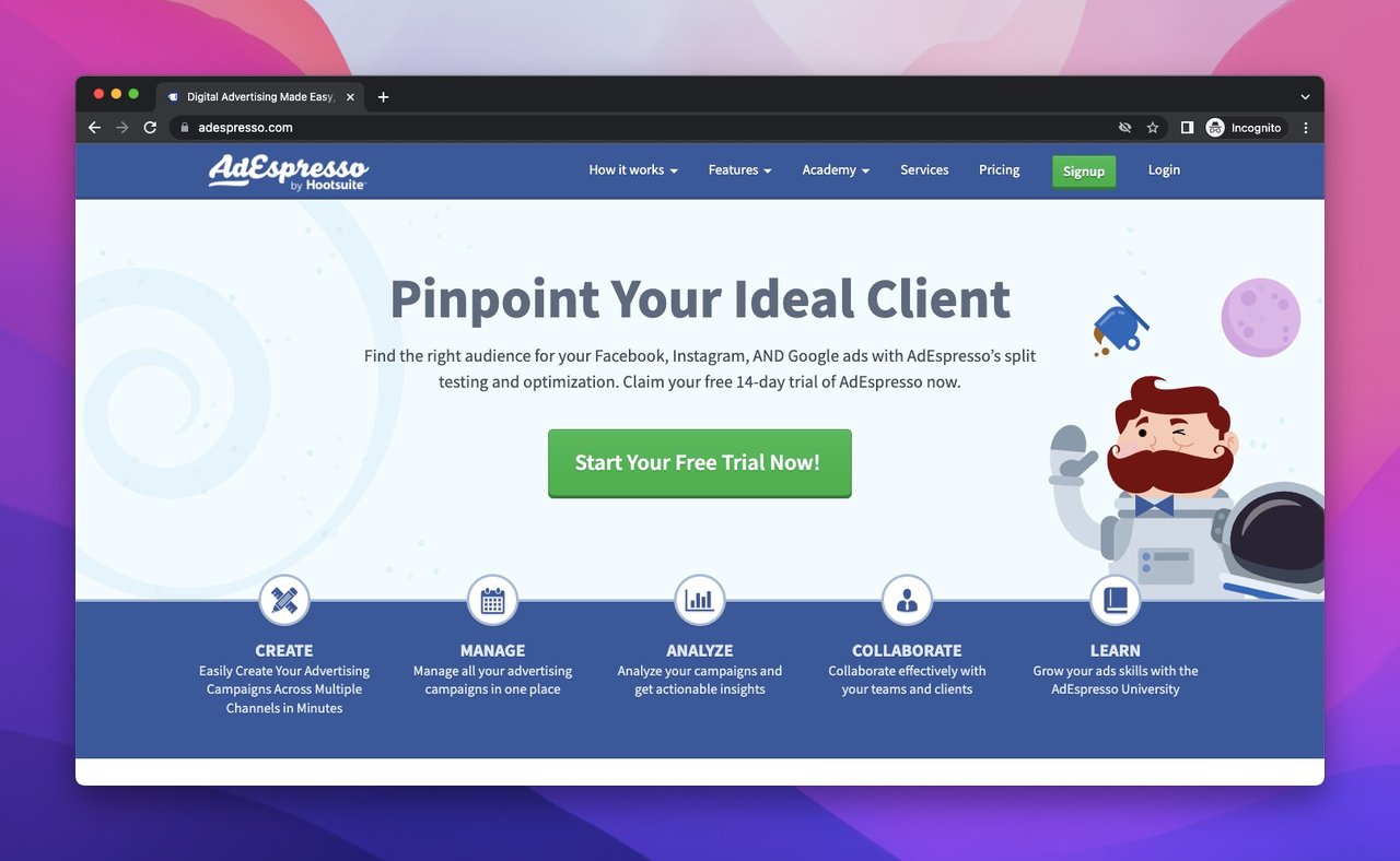 the homepage of AdEspresso which is a lead generation tool