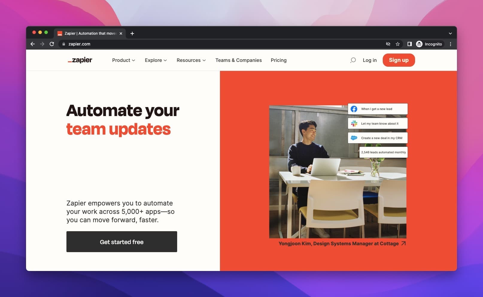 the homepage of Zapier which is a marketing automation tool with a photo of a guy behind a working desk smiling and a text that says "Automate your team updates"