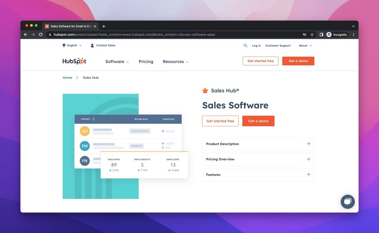 the homepage of HubSpot Sales which is a lead generation tool