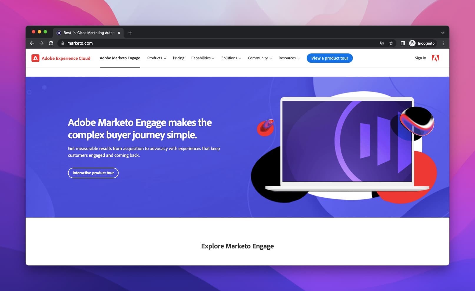 Marketo lead management tool homepage with a purple background and a laptop illustration on the right side of the picture