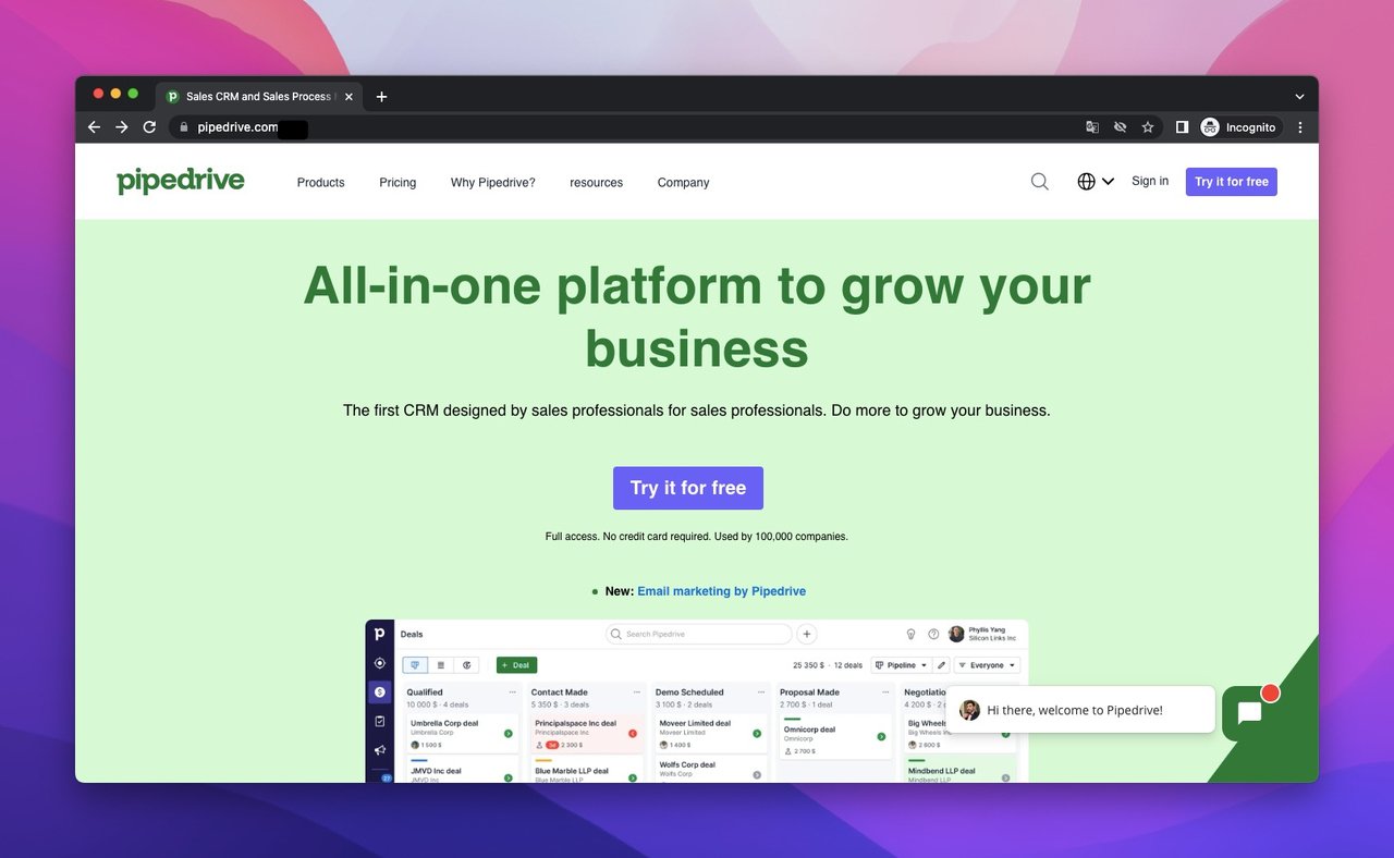 the homepage of PipeDrive which is an automation tool