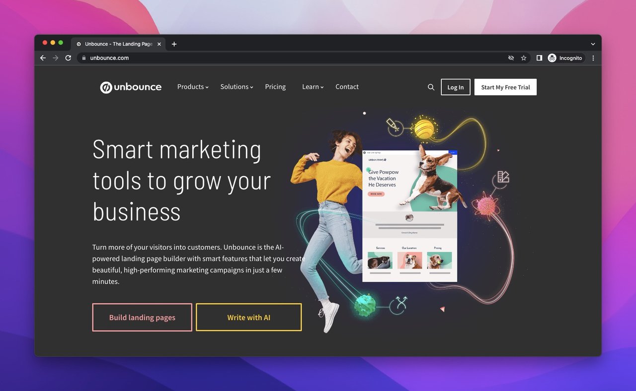 the homepage of Unbounce which is a lead generation tool