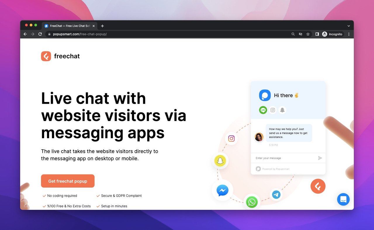 the homepage of FreeChat which is a free chat widget