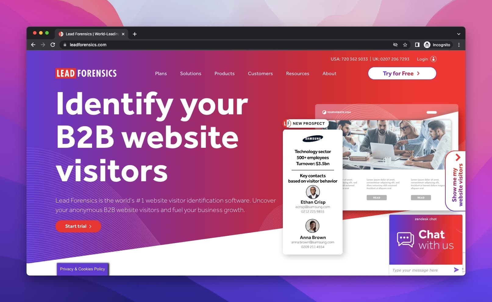 Lead Forensics lead generation software homepage with a text that says "Identify your B2B website visitors"