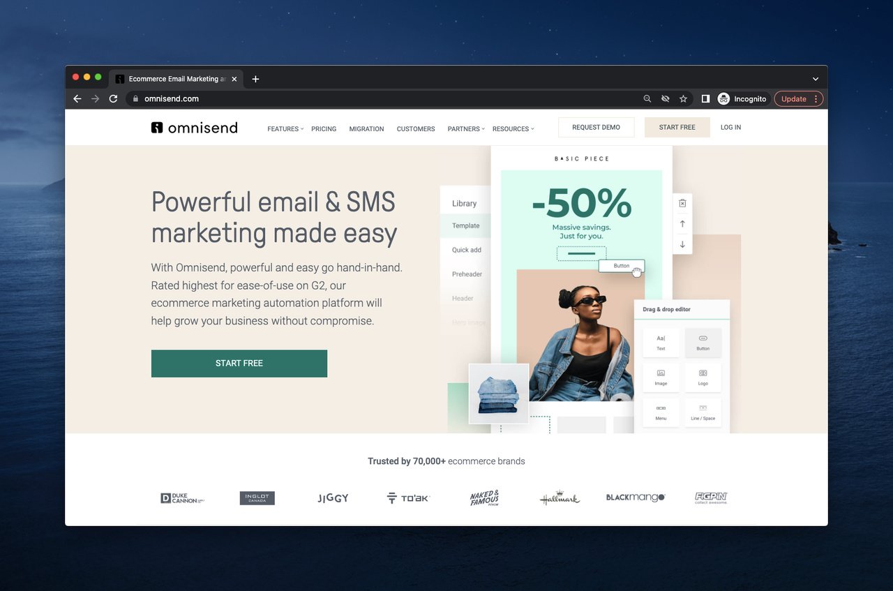 webpage of Omnisend, which is a multichannel ecommerce software