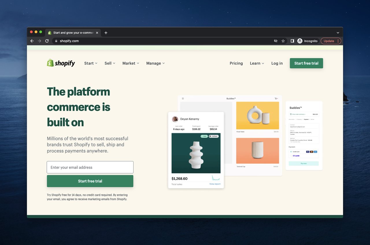 webpage of Shopify, which is a multichannel ecommerce software