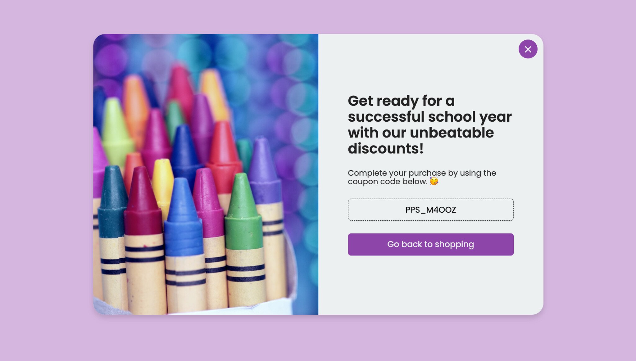 back-to-school popup with a coupon code