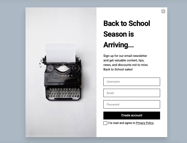 email newsletter popup example for back-to-school that says "Back to School Season is Arriving..."