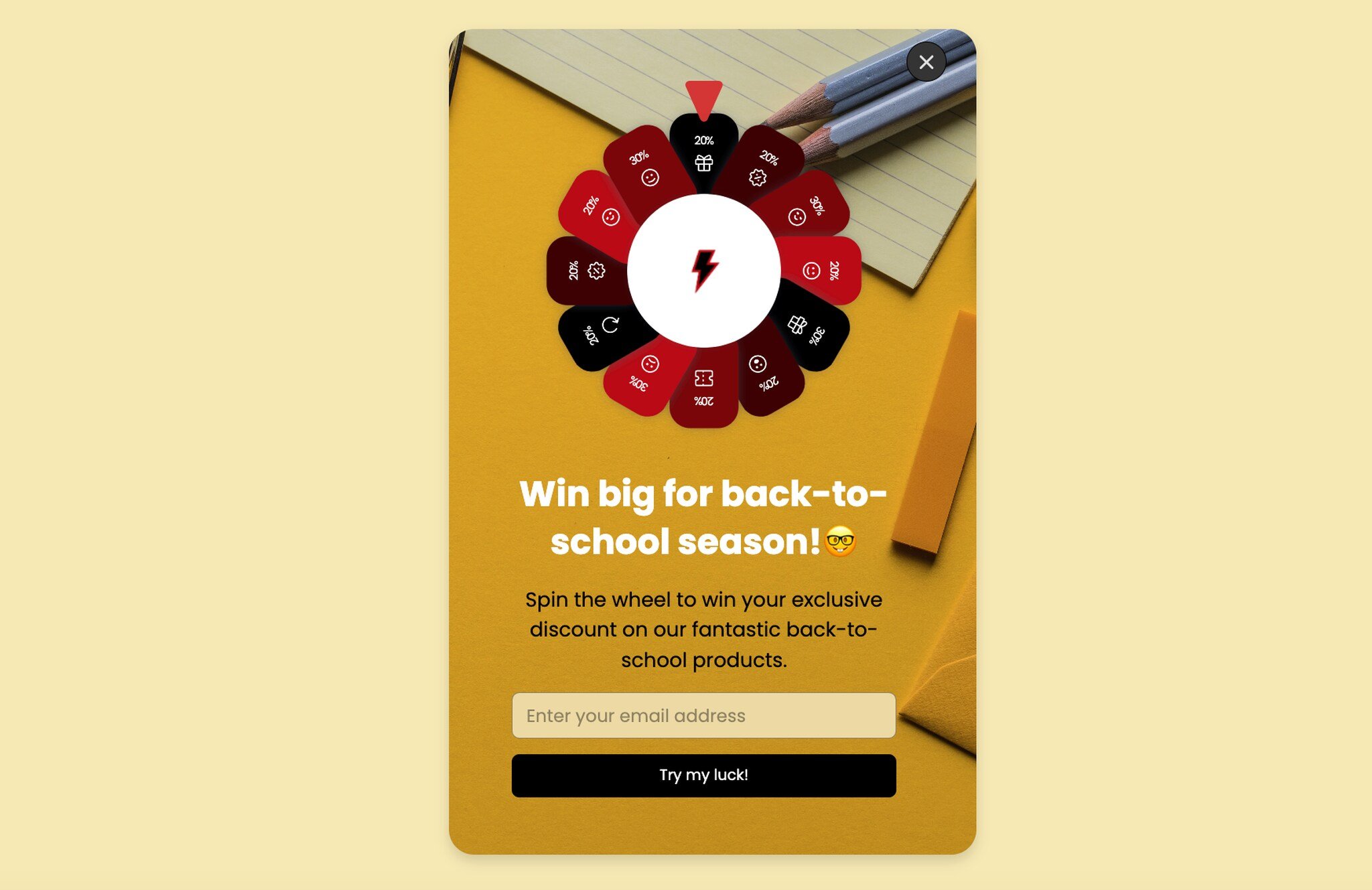 spin the-wheel-popup-example-for-back-to-school that says "Win big for back-to-school season!