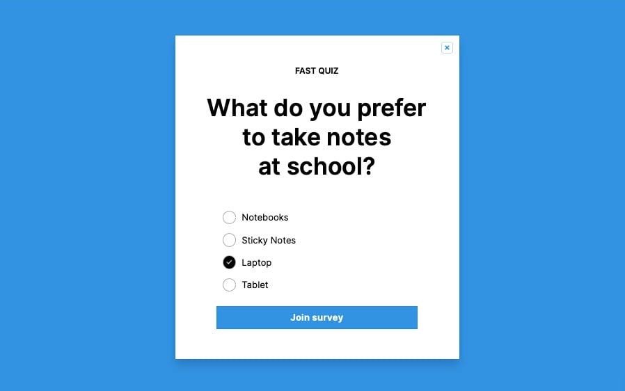 Fast quiz popup about Back-to-School that says "What do you prefer to take notes at school?"