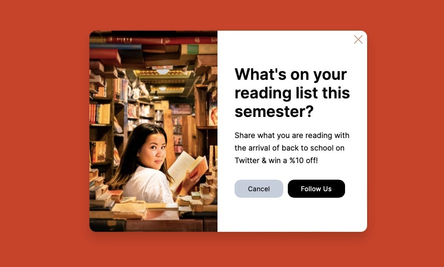 back-to-school popup example that says "What's on your reading list this semester?" with an image of girl holding a book in a library