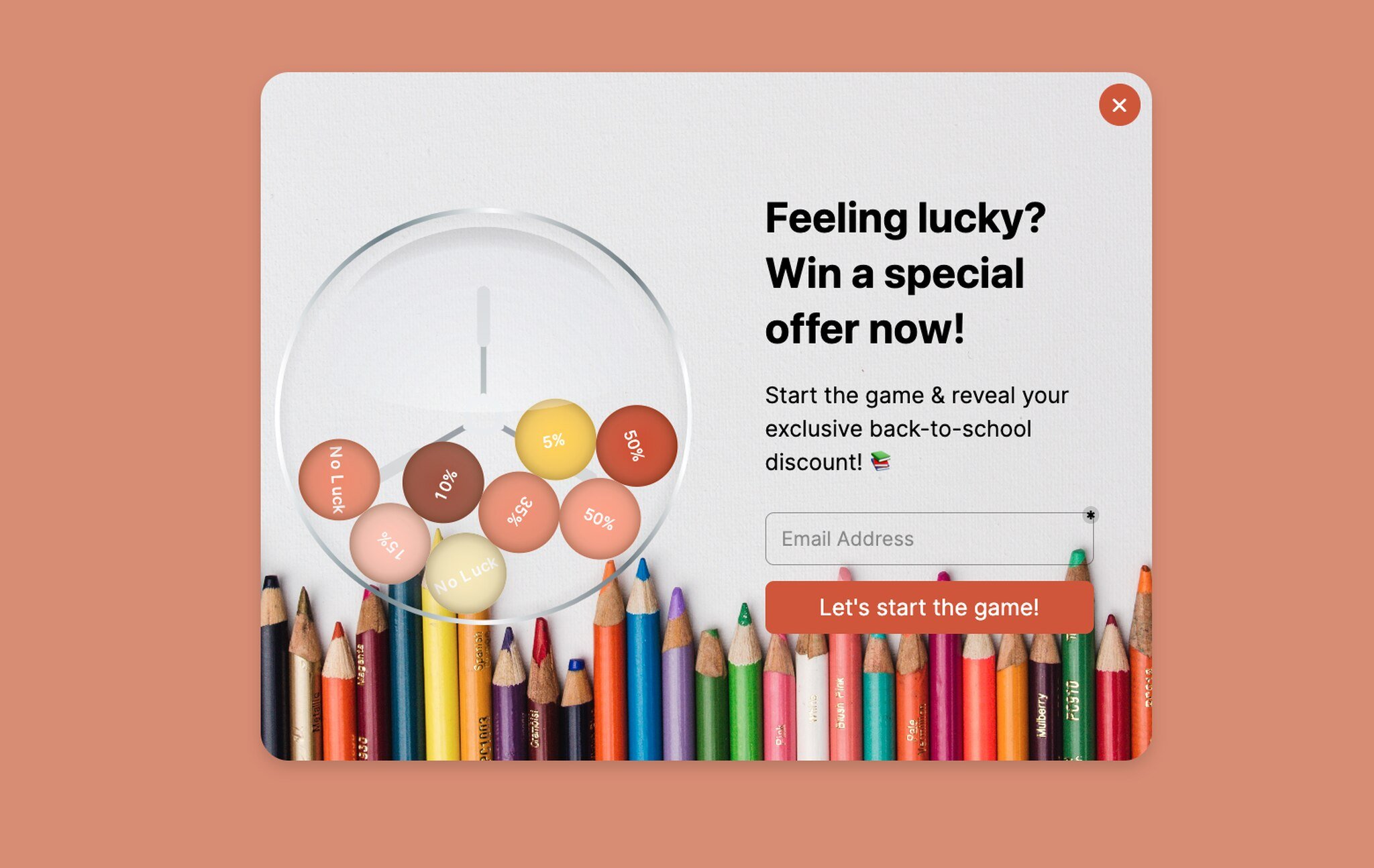 lottery ball gamification popup example for back-to-school that says "Feeling lucky? Win a special offer now!"