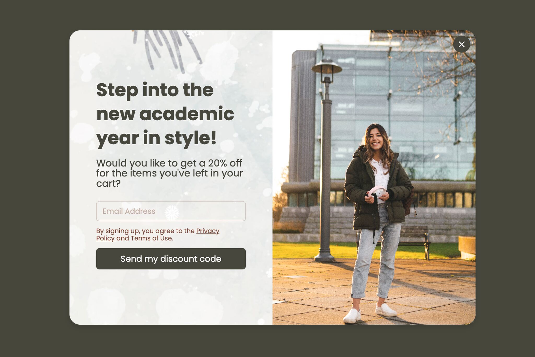 back-to-school popup example to reduce cart abandonment with a discount that says "Step into the new academic year in style!"