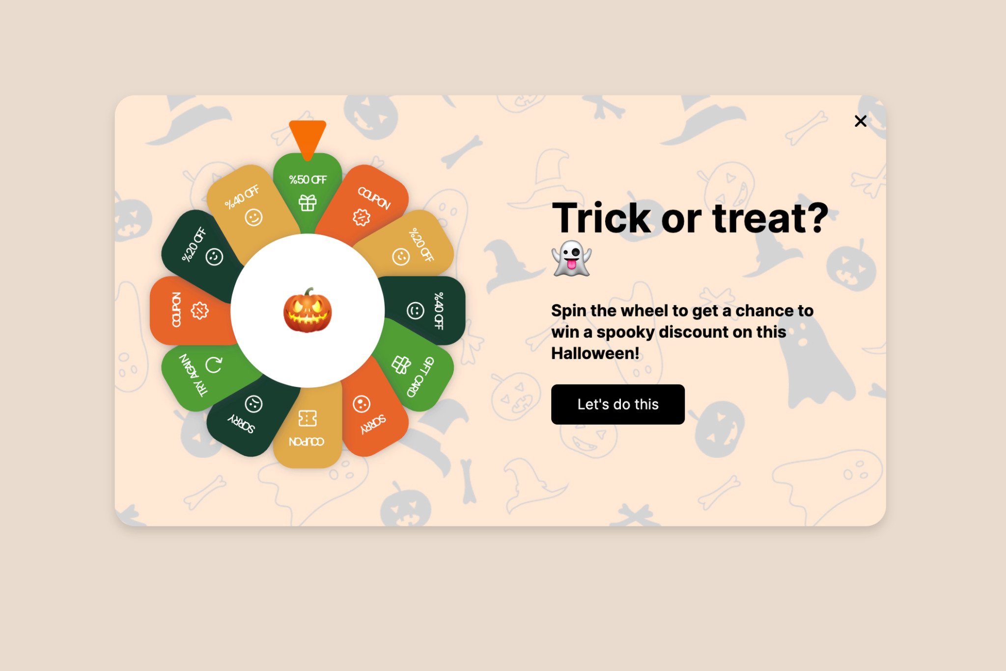 wheel popup example for Halloween that says "Trick or treat" with a Halloween themed background