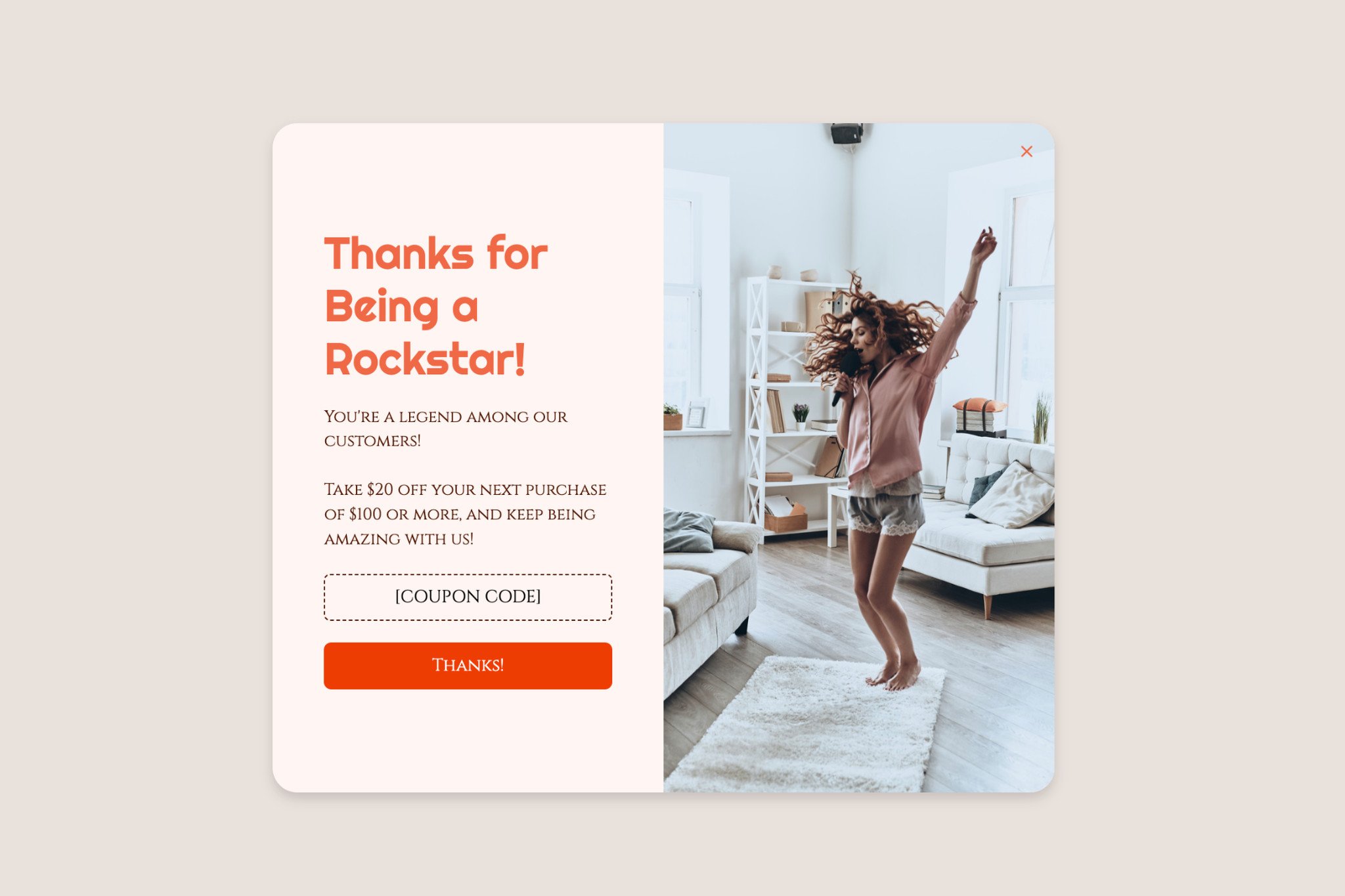 engaging coupon code popup example that says "Thanks for being a rockstar" and a woman dancing