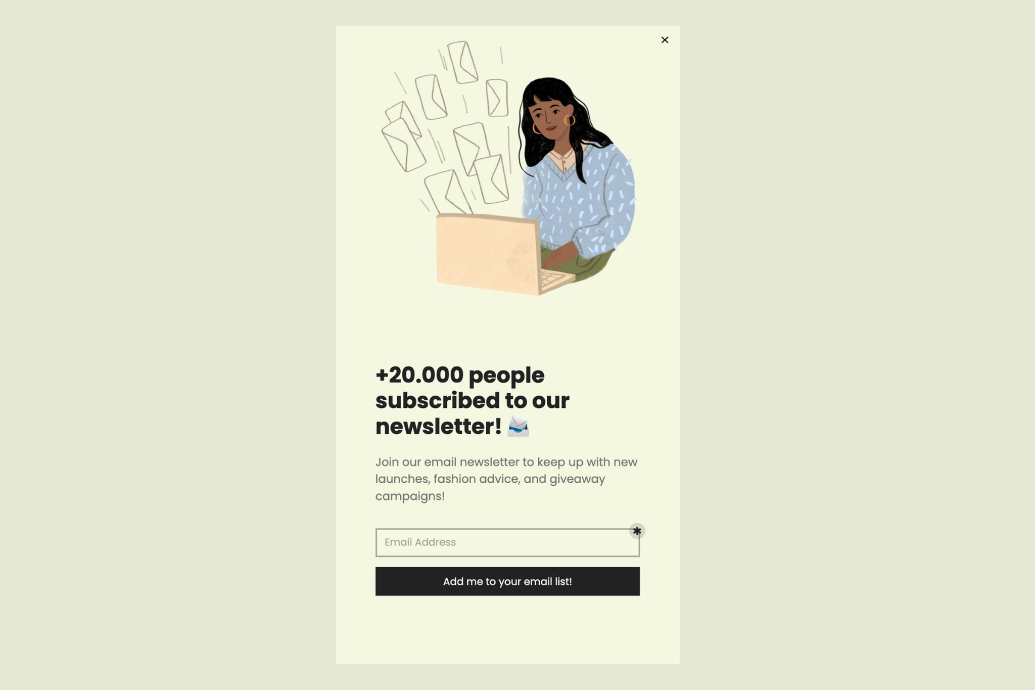 newsletter popup example with social proof that says"+20.000 people subscribed to our newsletter" and a girl checking computer with mail illustrations