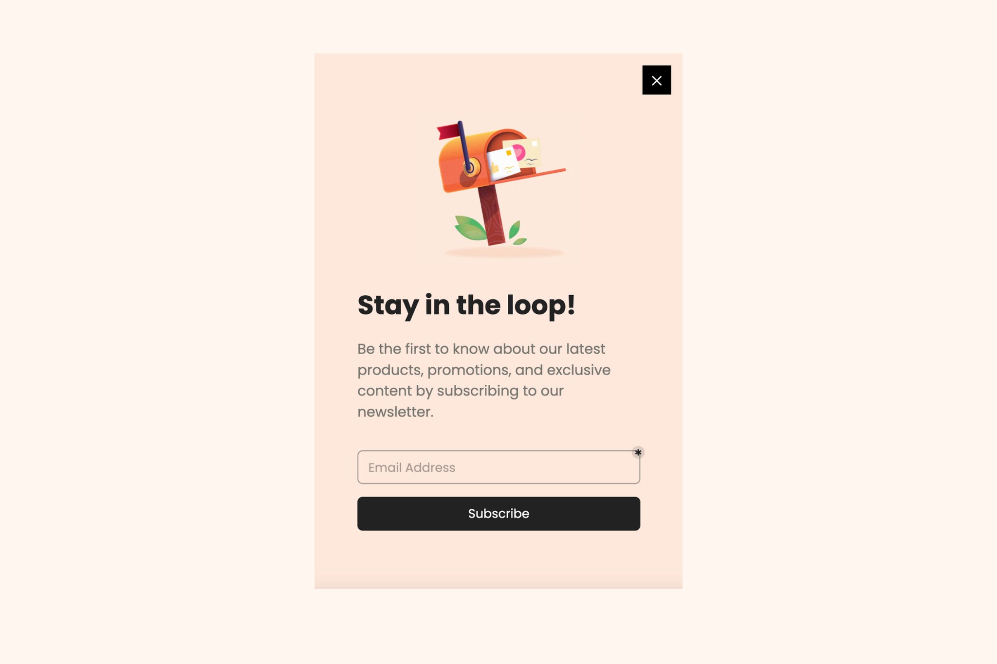 lead magnet popup to grow email list that says "Stay in the loop" with an illustration of letterbox