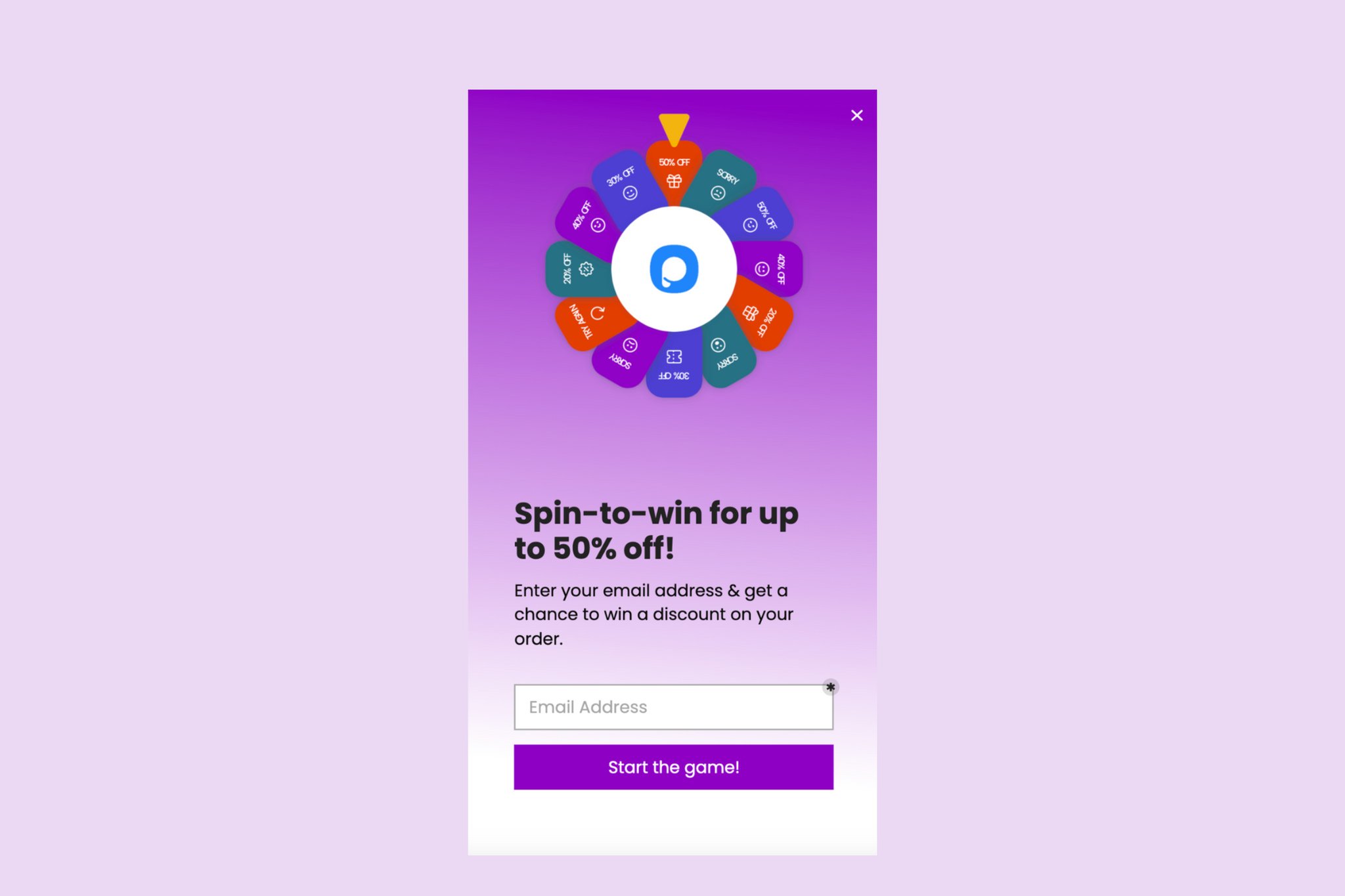 wheel popup example with a discount that says "Spin-to-win for up to 50% off!"