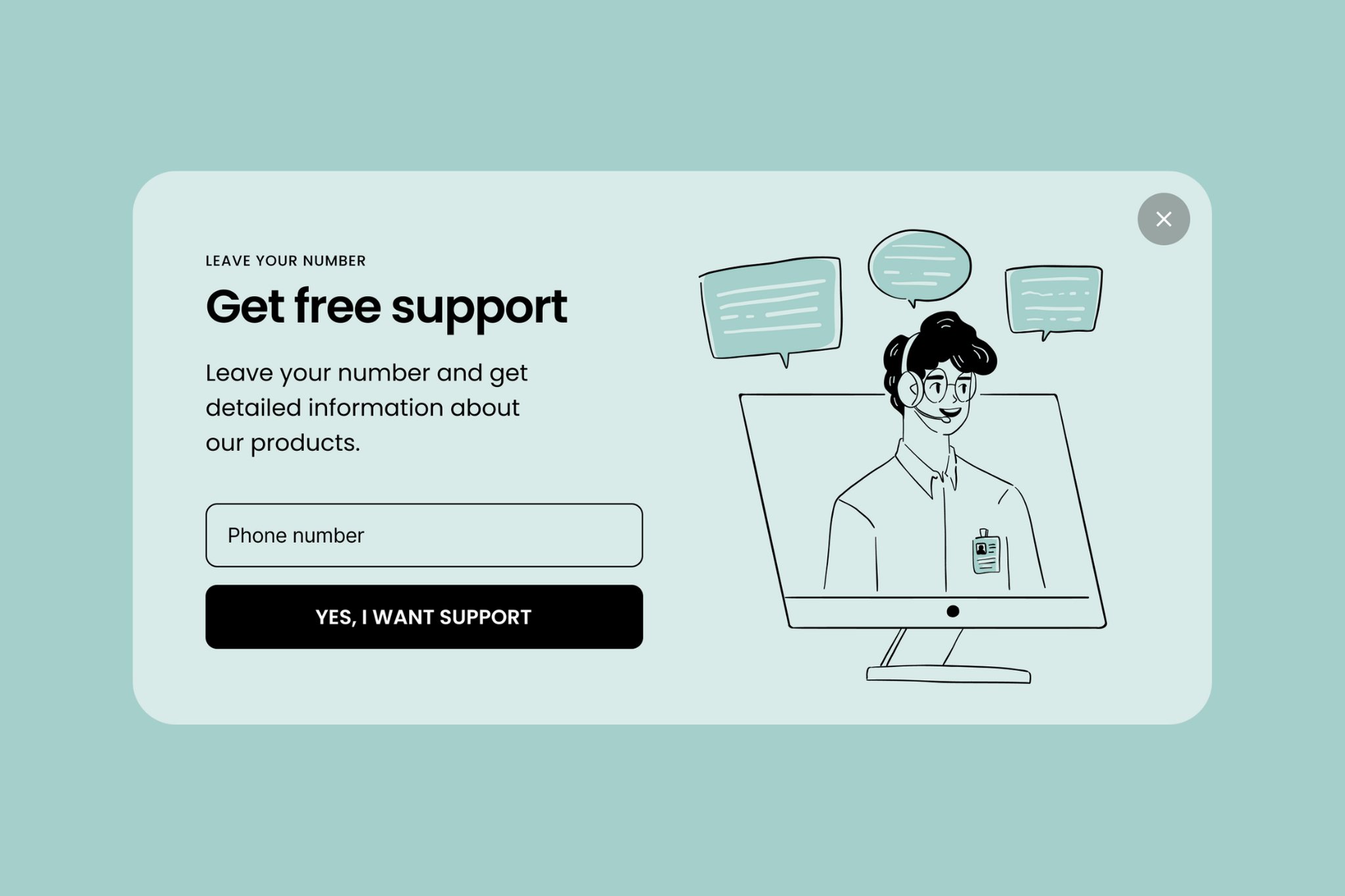 call request popup example that says "Get free support"