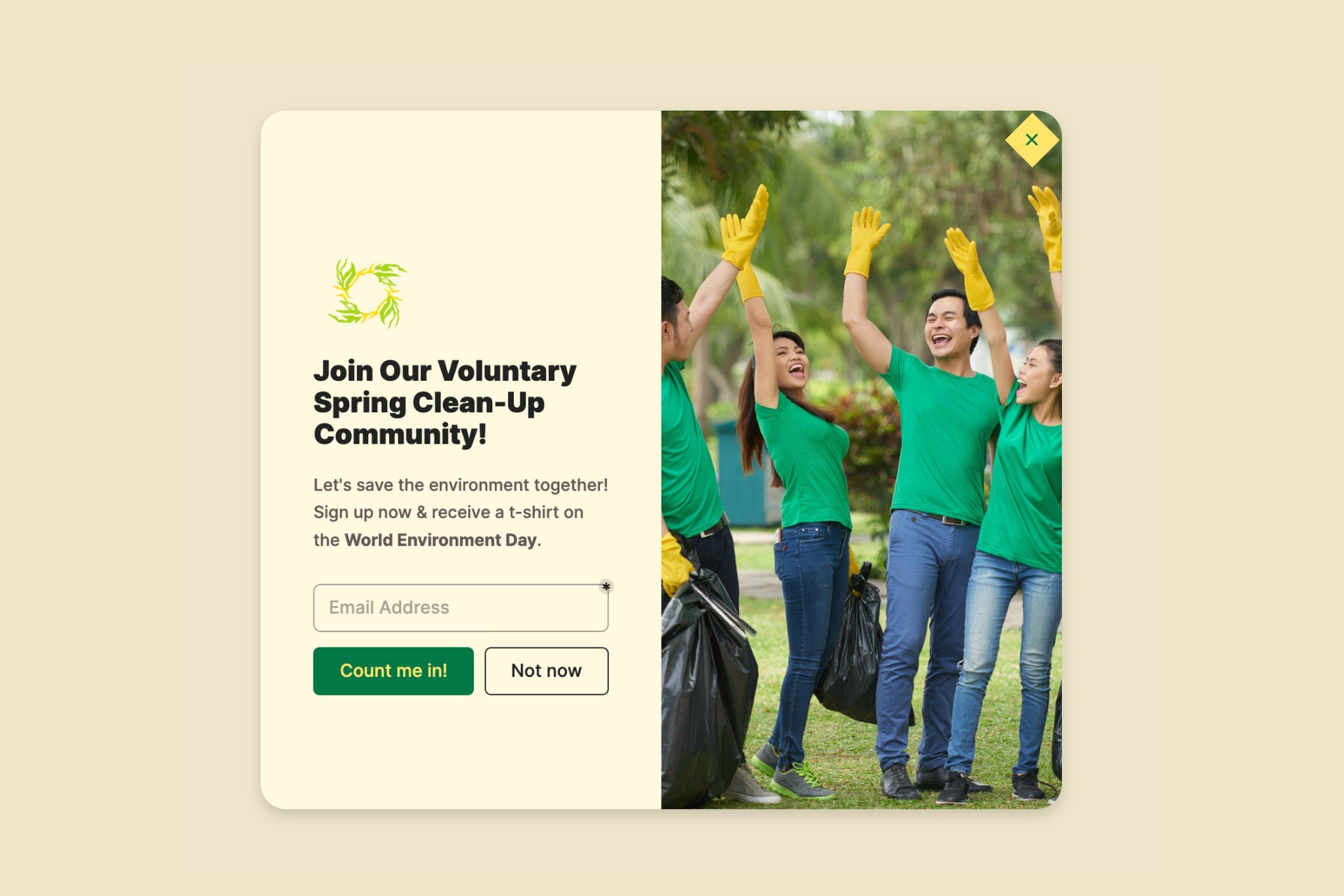 join community popup example that says "Join our voluntary spring clean-up community" with an image of people with cleaning supplies